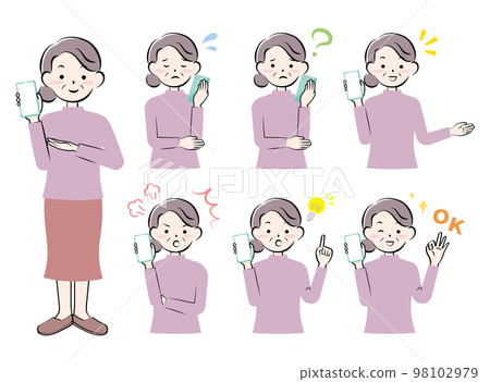 使用智能手機表情各異的高級女性 使用智能手機表情各異的高級女性 98102979