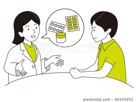 A woman in a white coat explaining medicine to a man A woman in a white coat explaining medicine to a man 98103950