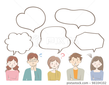 穿著便衣的憂心忡忡的年輕男女語音氣泡框 98104102