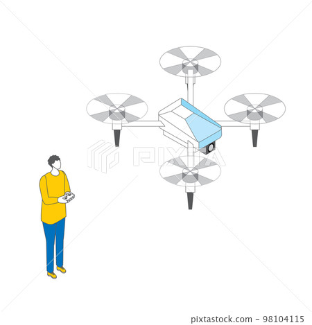 Isometric_Illustration of a man operating a simple line drawing drone Isometric_Illustration of a man operating a simple line drawing drone 98104115