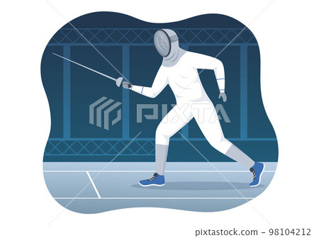 Fencing Player Sport Illustration with Fencer Fighting on Piste and Sword Duel Competition Event in Flat Cartoon Hand Drawn Templates Fencing Player Sport Illustration with Fencer Fighting on Piste and Sword Duel Competition Event in Flat Cartoon Hand Drawn Templates 98104212