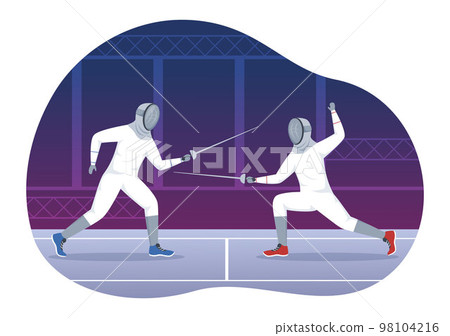 Fencing Player Sport Illustration with Fencer Fighting on Piste and Sword Duel Competition Event in Flat Cartoon Hand Drawn Templates 98104216