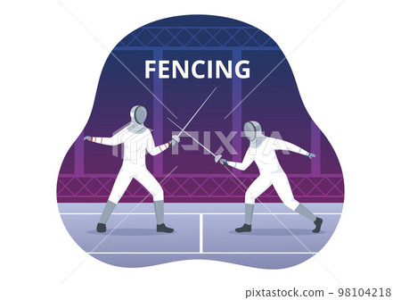 Fencing Player Sport Illustration with Fencer Fighting on Piste and Sword Duel Competition Event in Flat Cartoon Hand Drawn Templates Fencing Player Sport Illustration with Fencer Fighting on Piste and Sword Duel Competition Event in Flat Cartoon Hand Drawn Templates 98104218