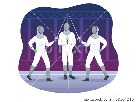 Fencing Player Sport Illustration with Fencer Fighting on Piste and Sword Duel Competition Event in Flat Cartoon Hand Drawn Templates Fencing Player Sport Illustration with Fencer Fighting on Piste and Sword Duel Competition Event in Flat Cartoon Hand Drawn Templates 98104219