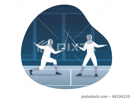 Fencing Player Sport Illustration with Fencer Fighting on Piste and Sword Duel Competition Event in Flat Cartoon Hand Drawn Templates Fencing Player Sport Illustration with Fencer Fighting on Piste and Sword Duel Competition Event in Flat Cartoon Hand Drawn Templates 98104220