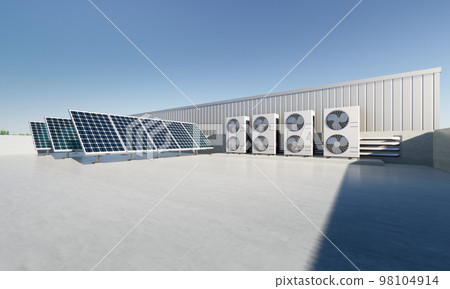 3d rendering of solar panel, condenser unit on rooftop. 3d rendering of solar panel, condenser unit on rooftop. 98104914