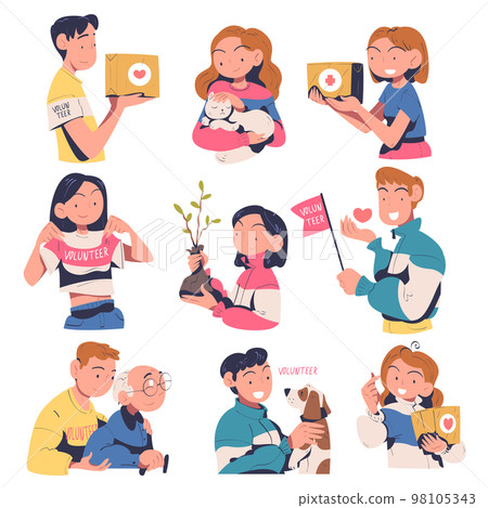 Volunteering with Volunteer with Carton Box Sharing Love Giving Aid Vector Set 98105343