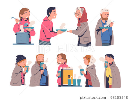 Volunteering with Volunteer Giving Homeless People Warm Food Vector Set Volunteering with Volunteer Giving Homeless People Warm Food Vector Set 98105348