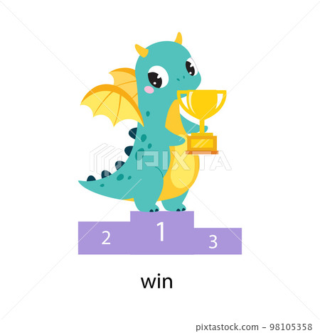 Funny Dragon Character Winning Competition Demonstrating English Verb Vector Illustration 98105358