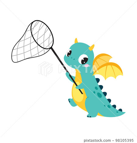 Cute Turquoise Little Dragon with Wings with Catching Net Vector Illustration 98105395