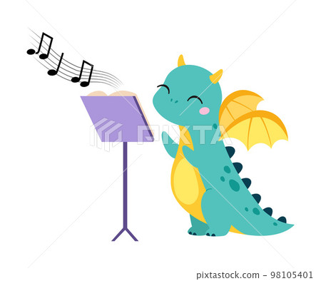 Cute Turquoise Little Dragon with Wings Singing Song Vector Illustration 98105401