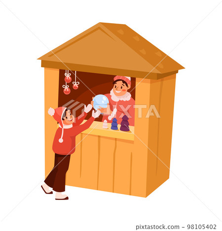 Happy Boy Buying Snow Ball at Wooden Kiosk or Stall in Winter Season Vector Illustration 98105402