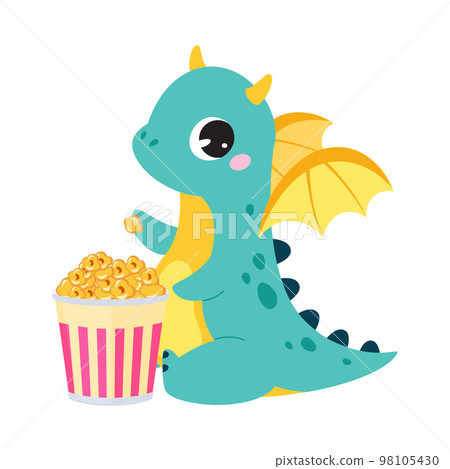 Cute Turquoise Little Dragon with Wings Eating Popcorn Vector Illustration 98105430