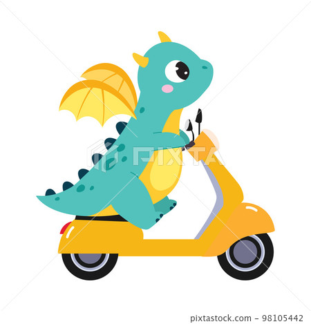 Cute Turquoise Little Dragon with Wings Riding Scooter Vector Illustration 98105442