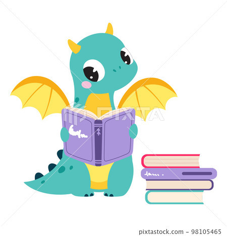 Cute Turquoise Little Dragon with Wings Sitting and Reading Book Vector Illustration 98105465