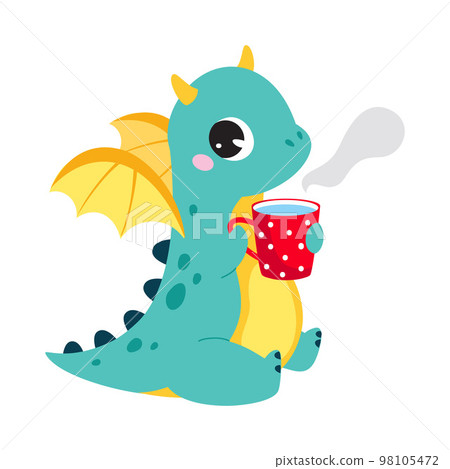 Cute Turquoise Little Dragon with Wings Drinking Warm Tea with Mug Vector Illustration 98105472