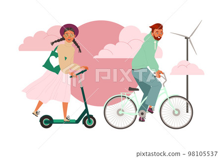 Man and Woman Riding Scooter and Bicycle as Ecology and Planet Care Vector Illustration Man and Woman Riding Scooter and Bicycle as Ecology and Planet Care Vector Illustration 98105537