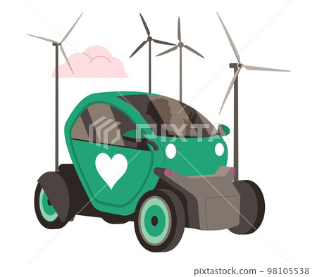 Electric Car and Wind Energy and Power Generator as Ecology and Planet Care Vector Illustration Electric Car and Wind Energy and Power Generator as Ecology and Planet Care Vector Illustration 98105538