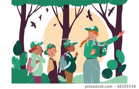 Woman Teacher with Kids in Forest Learning Ecology and Planet Care Vector Illustration Woman Teacher with Kids in Forest Learning Ecology and Planet Care Vector Illustration 98105539