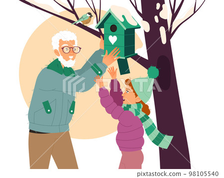 Granddad with Granddaughter Hanging Birdhouse on Tree as Ecology and Planet Care Vector Illustration Granddad with Granddaughter Hanging Birdhouse on Tree as Ecology and Planet Care Vector Illustration 98105540