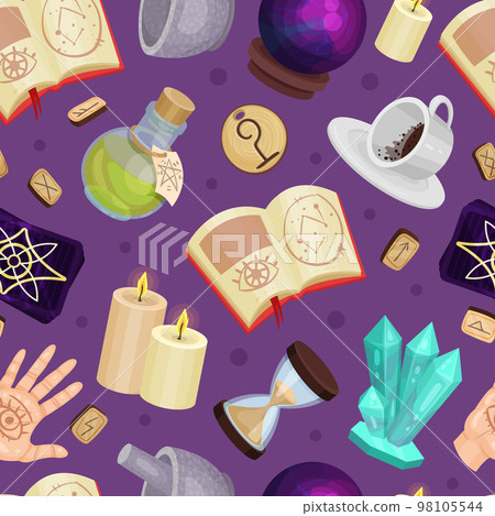 Divination and Fortune Telling Seamless Pattern with Magic Symbols Vector Template 98105544