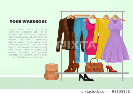Female Wardrobe Banner Design with Clothes and Garment on Rack and Hanger Vector Template Female Wardrobe Banner Design with Clothes and Garment on Rack and Hanger Vector Template 98105558