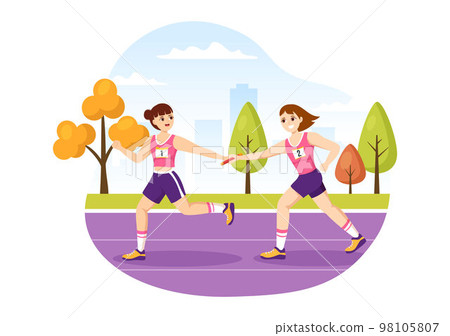 Relay Race Illustration by Passing the Baton to Teammates Until Reaching the Finish Line in a Sports Championship Flat Cartoon Hand Drawing Template 98105807