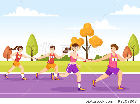 Relay Race Illustration by Passing the Baton to Teammates Until Reaching the Finish Line in a Sports Championship Flat Cartoon Hand Drawing Template 98105808