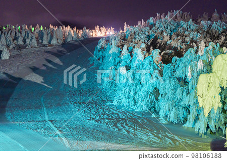 Illuminated frost-covered trees of Zao, Yamagata Prefecture, Yamagata Prefecture 98106188