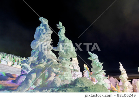 Illuminated frost-covered trees of Zao, Yamagata Prefecture, Yamagata Prefecture 98106249