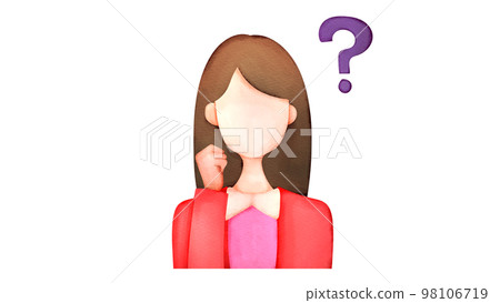 一個帶著問號的長發女人。水彩圖標插圖。 98106719