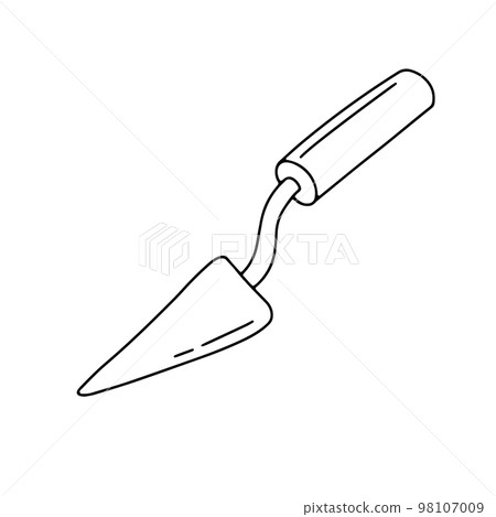 Trowel in doodle style. Outline kitchen spatula isolated on white. Hand drawn vector sketch Trowel in doodle style. Outline kitchen spatula isolated on white. Hand drawn vector sketch 98107009