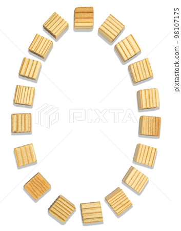 A frame of wooden cubes arranged in a vertical oval 98107175