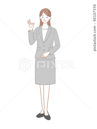 A woman in a suit giving an OK sign whole body A woman in a suit giving an OK sign whole body 98107356