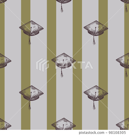 Graduate hat engraved seamless pattern. Vintage element education in hand drawn style. Sketch texture for fabric, wallpaper, textile, print, title, wrapping paper. Vector illustration. 98108305
