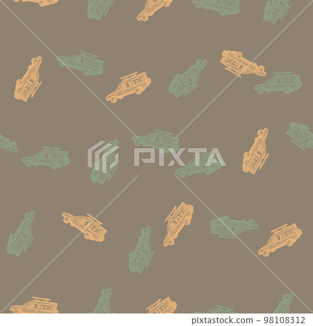 Safari car engraved seamless pattern. Vintage adventure off road in hand drawn style. Sketch texture for fabric, wallpaper, textile, print, title, wrapping paper. Vector illustration. Safari car engraved seamless pattern. Vintage adventure off road in hand drawn style. Sketch texture for fabric, wallpaper, textile, print, title, wrapping paper. Vector illustration. 98108312
