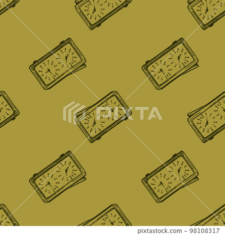 Chess clock engraved seamless pattern. Retro watch for chess game in hand drawn style. Sketch texture for fabric, wallpaper, textile, print, title, wrapping paper. Vector illustration. Chess clock engraved seamless pattern. Retro watch for chess game in hand drawn style. Sketch texture for fabric, wallpaper, textile, print, title, wrapping paper. Vector illustration. 98108317