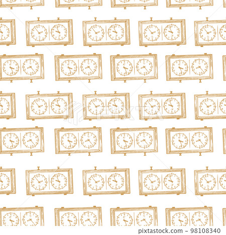 Chess clock engraved seamless pattern. Retro watch for chess game in hand drawn style. Sketch texture for fabric, wallpaper, textile, print, title, wrapping paper. Vector illustration. 98108340