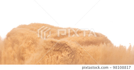 Blur Defocus image of Small Fine Sand flying explosion, Golden grain wave explode blow. Abstract sands cloud. Yellow colored sand splash up in Air. White background Isolated high speed shutter freeze Blur Defocus image of Small Fine Sand flying explosion, Golden grain wave explode blow. Abstract sands cloud. Yellow colored sand splash up in Air. White background Isolated high speed shutter freeze 98108817