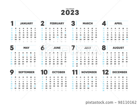 2023 年簡單年曆-週日開始，12 個月，1 年-日本假期-A 版比例 98110162