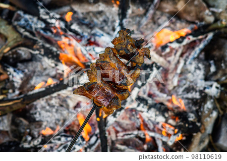 Delicious grill sausage at the campfire. Camping in nature. Outdoor activity. 98110619