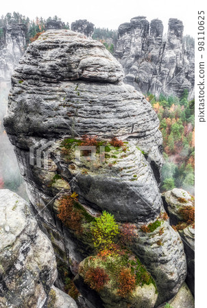 Rock formations in deep autumn forest 98110625