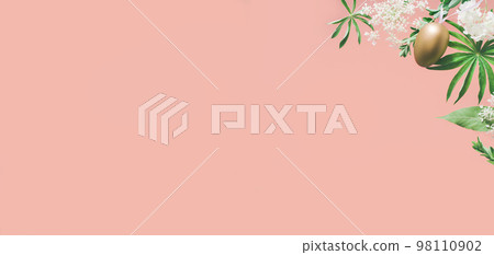 Golden Easter eggs in assorted floral and jungle tree green leaves and white flowers corner border on peach pink. Natural sustainable environment friendly cosmetics mockup flat lay banner Golden Easter eggs in assorted floral and jungle tree green leaves and white flowers corner border on peach pink. Natural sustainable environment friendly cosmetics mockup flat lay banner 98110902