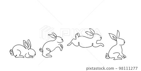 Running, jumping rabbit, bunny, hare. Vector one continuous line art illustrations set. Rabbit in jump Running, jumping rabbit, bunny, hare. Vector one continuous line art illustrations set. Rabbit in jump 98111277