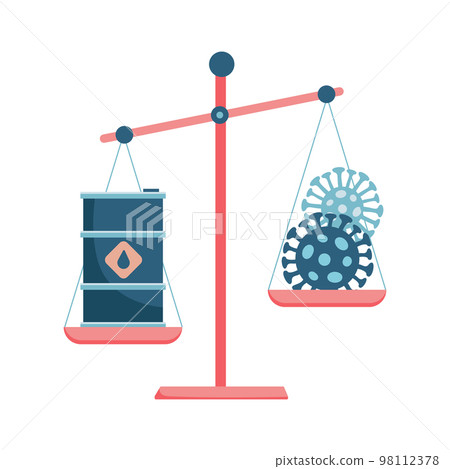 Vector illustration of a black oil barrel on a scale with Coromavirus . the fall in the price per barrel under the influence of coronavirus and the dispute between Russia and Saudi Arabia. 98112378