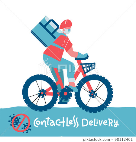 Contactless food delivery rider vector icon. No-contact delivery service online takeout orders cartoon illustration. Bicyclist driver courier in medical mask carries food at coronavirus virus epidemic 98112401