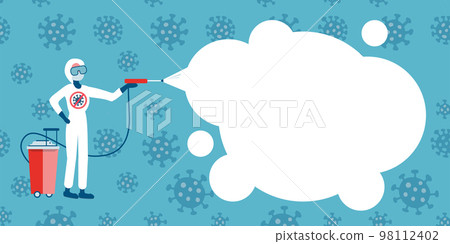 Horizontal banner with spapce for text. Man in Protective Suit or Clothing spraying viruses. Desinfection claening concept. Flat vector illustration for virus illnesses like coronavirus, sars, mers. 98112402
