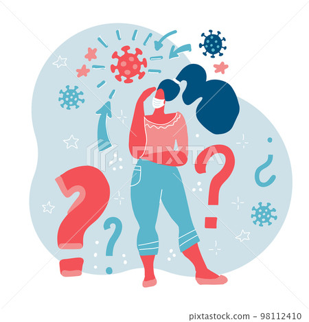 Abstract woman in respiratory medical mask with question marks. Protection against disease. Prevention of disease. Vector flat illustration Abstract woman in respiratory medical mask with question marks. Protection against disease. Prevention of disease. Vector flat illustration 98112410
