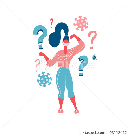 Coronavirus quarantine. Sad woman in protective mask . Thinking girl. Doubts, problems, thoughts, emotions. Curious woman questioning, question mark. Vector flat illustration. Coronavirus panic. Coronavirus quarantine. Sad woman in protective mask . Thinking girl. Doubts, problems, thoughts, emotions. Curious woman questioning, question mark. Vector flat illustration. Coronavirus panic. 98112412
