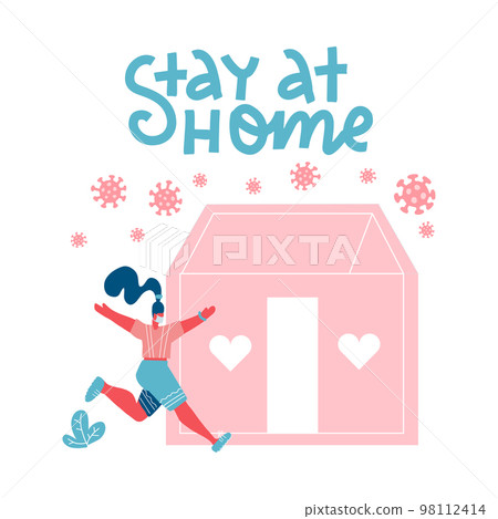 Social Distancing, stay home in COVID-19 coronavirus outbreak, stay in house to prevent virus infection. Woman running to lovely safe home with virus pathogens outside. Vector flat illustration Social Distancing, stay home in COVID-19 coronavirus outbreak, stay in house to prevent virus infection. Woman running to lovely safe home with virus pathogens outside. Vector flat illustration 98112414
